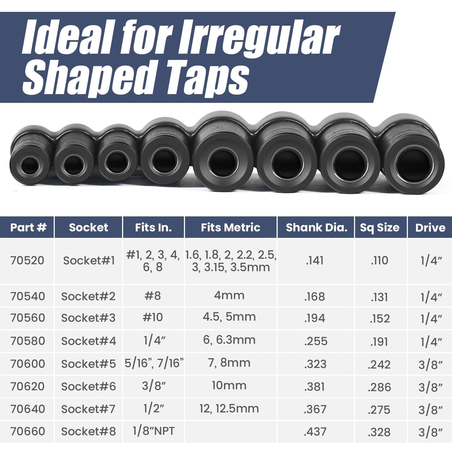 Saipor 8pcs Tap Socket Set, 1/4" & 3/8" Square Drive Tap Sockets Adapter, Compatible with All M.C.T.I. Taps Up to 1/2", Fit for 1/8" NPT Taps and Metric Taps Thru 12mm