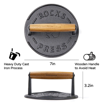 7 Inch Bacon Press, Heavy Duty Cast Iron Grill Press, 2.5 lbs Round Smash Burger Press with Wood Handle & Raised Edge, Food-Grade Griddle Press for Hamburger Bacon Seared Steak Sandwiches and Panini