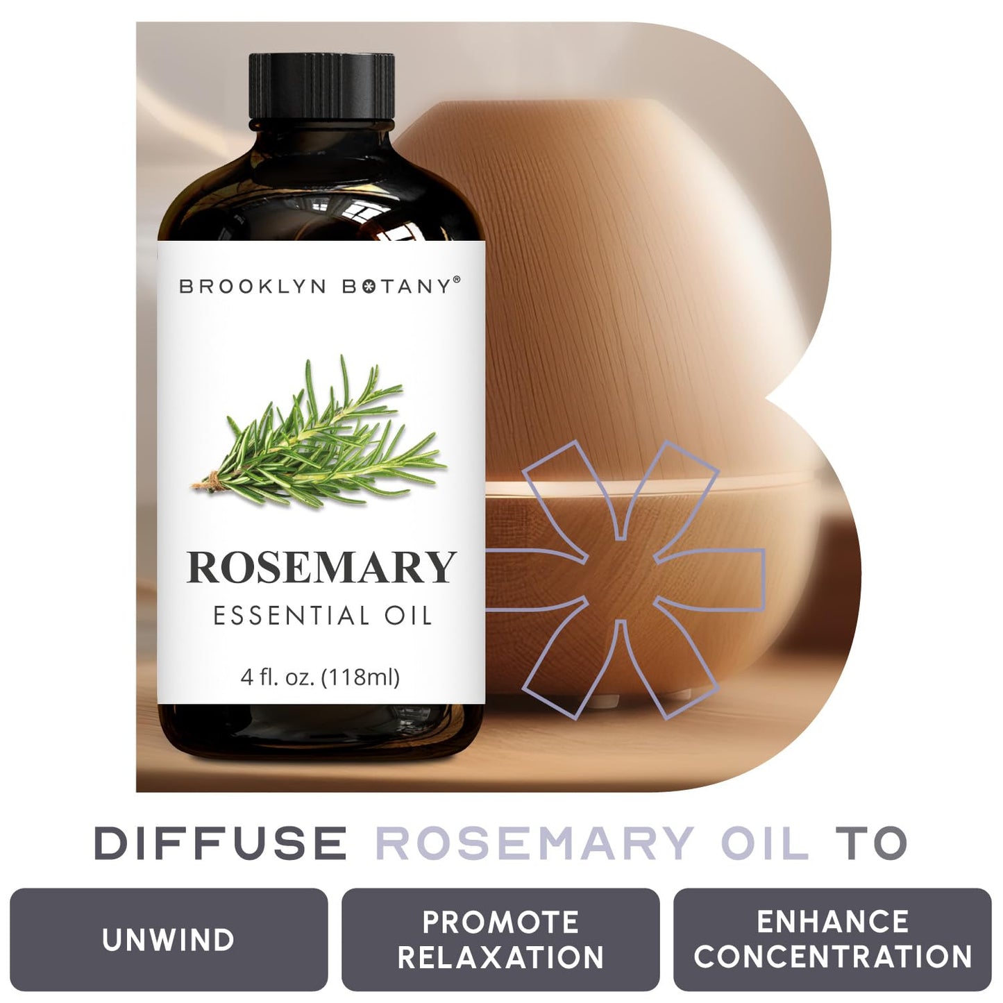 Brooklyn Botany Rosemary Essential Oil - Huge 118 ml - 100% Pure and Natural - Premium Grade with Dropper - for Aromatherapy and Diffuser