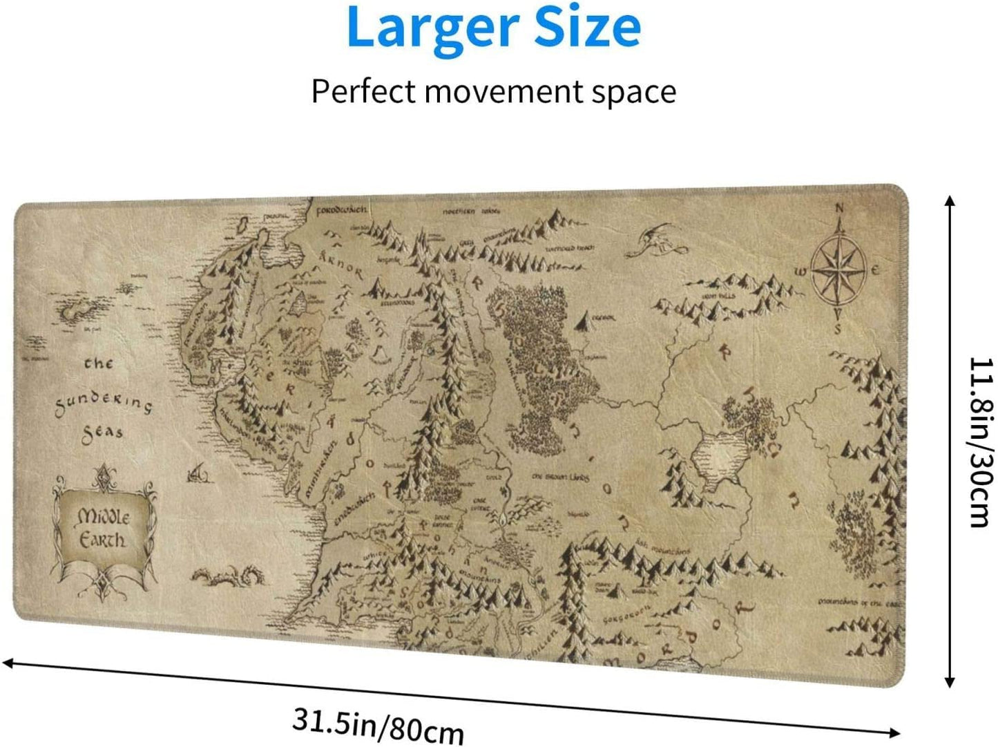 Wonmpd Gaming Mouse Pad XL Extended Large Mouse Mat Desk Pad 31.5"x11.8"x0.12",Stitched Edges Non Slip Mousepad for Computer,Office,Keyboard and Laptop-Middle Earth Map