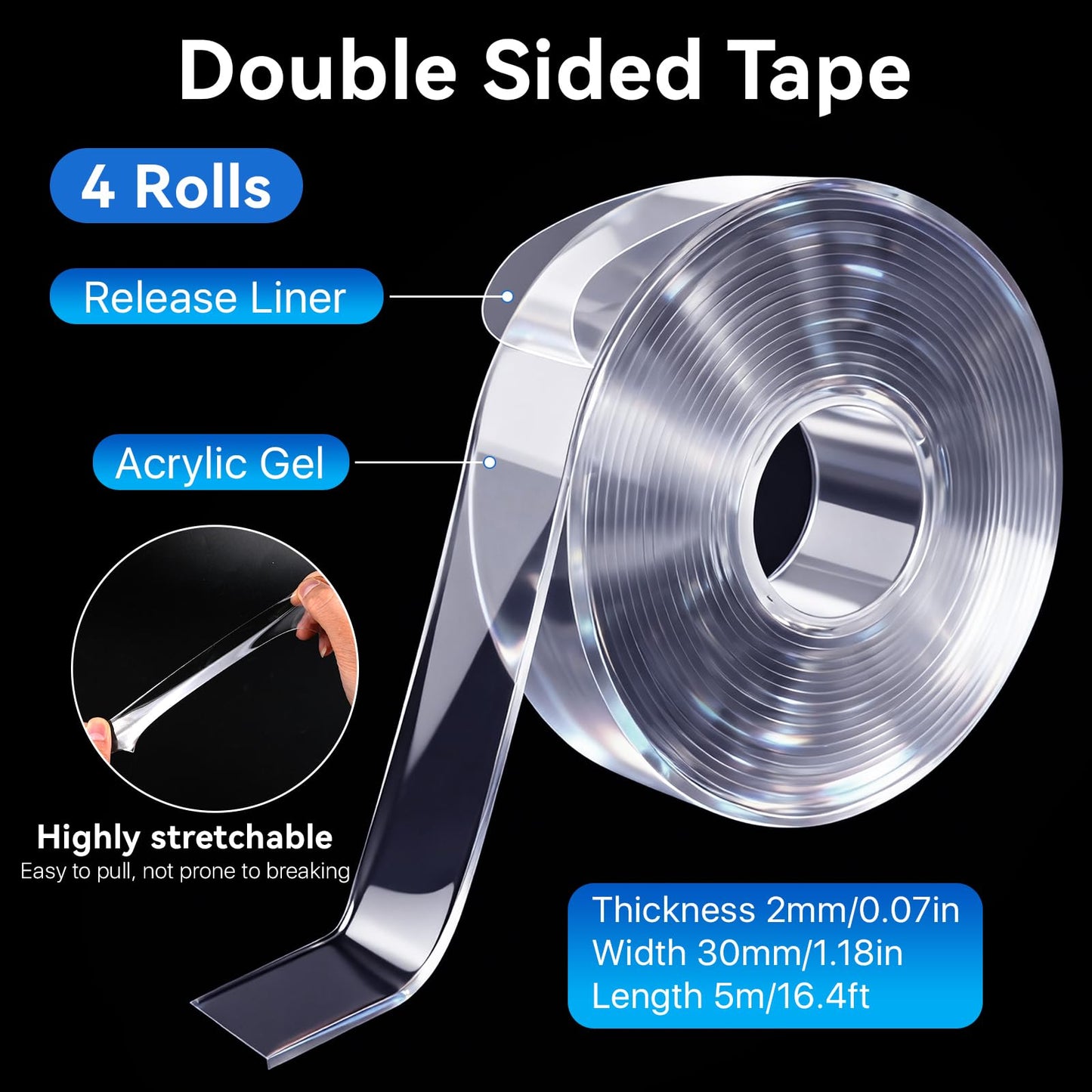 Worldity 4 Rolls Double Sided Tape Heavy Duty, 16.4 Ft x 1.2 In No Residue Transparent Mounting Tape, 2mm Thick Removable Gel Adhesive, Washable Reusable Acrylic Gel Tape for Wall, Picture, Home Decor