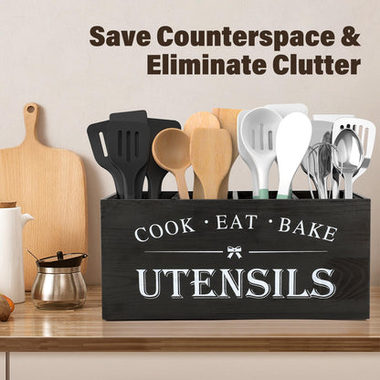 Qeedee Extra Large Kitchen Utensil Holder with 4 Compartments, Space Saving Wood Utensil Organizer with Removable Divider, Farmhouse Decor Countertop for Flatware and Cookware, Black