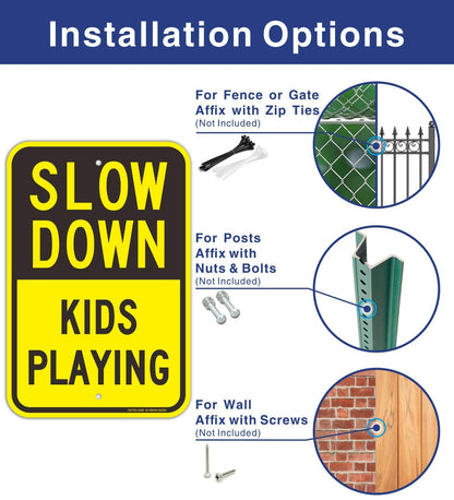 (2 Pack) Slow Down Sign, Slow Down Kids Playing Sign, 18 x 12 Engineer Grade Reflective Sheeting Rust Free Aluminum, Weather Resistant, Waterproof, Durable Ink