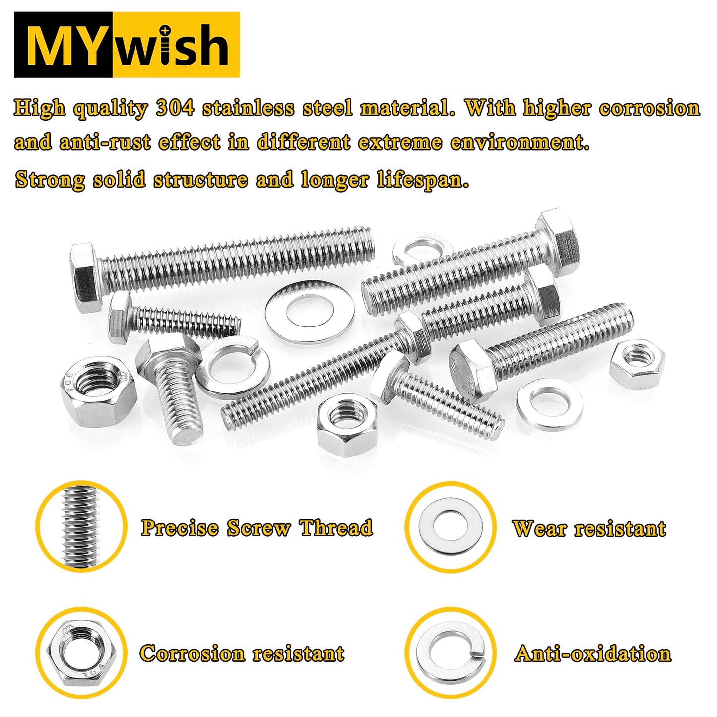 Mywish 254Pcs Bolts and Nuts Assortment, 1/4 20, 5/16 18, 3/8 16 Bolt, Heavy Duty 304 Stainless Steel Bolts and Nuts Kit with Flat Spring Washers, Includes 10 Common Sizes, Fully Threaded