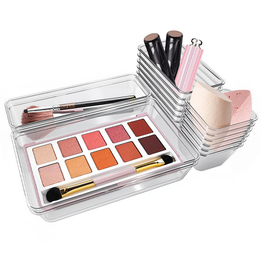 Drawer Organization System, 16 Pieces Storage Organizer in 4 Size Non-Slip Clear Plastic Compartment Inserts for Vanity Desk Office Kitchen Bathroom