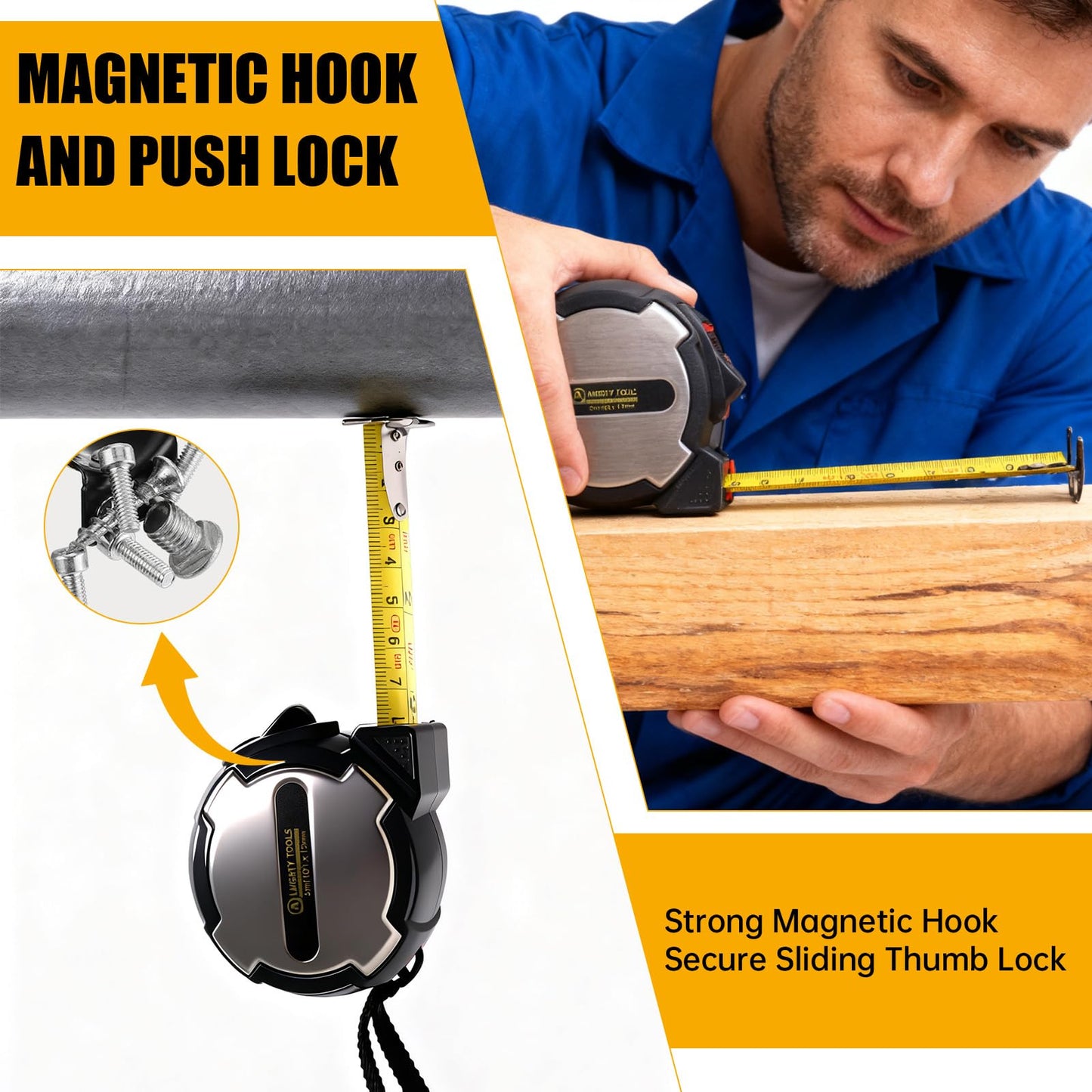 Tape Measure, Small Retractable Measuring Tape, Mini Tape Measure with Metric/Inch, Dual Sided, Magnetic Hooks, Rubber + Stainless Steel Case, for Home, Construction & DIY (16ft)