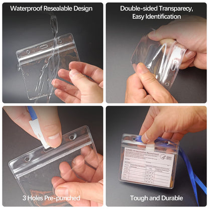 FZENeast Badge Holder with Lanyard，50 PCS Clear Waterproof Horizontal id Holder with 50 PCS Flat Neck Blue Badge Lanyards for Business Office School