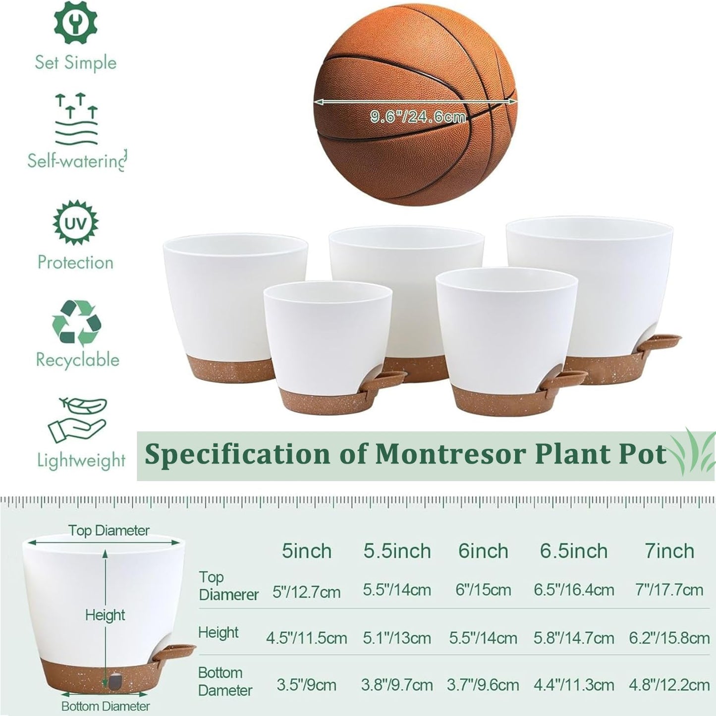 Plant Pots 7/6.5/6/5.5/5 Inch Self Watering Flower Pots Indoor Outdoor 5 Pack Plastic Planters with Drainage Holes Saucers Nursery Planting Pot for Indoor Outdoor Plants, White