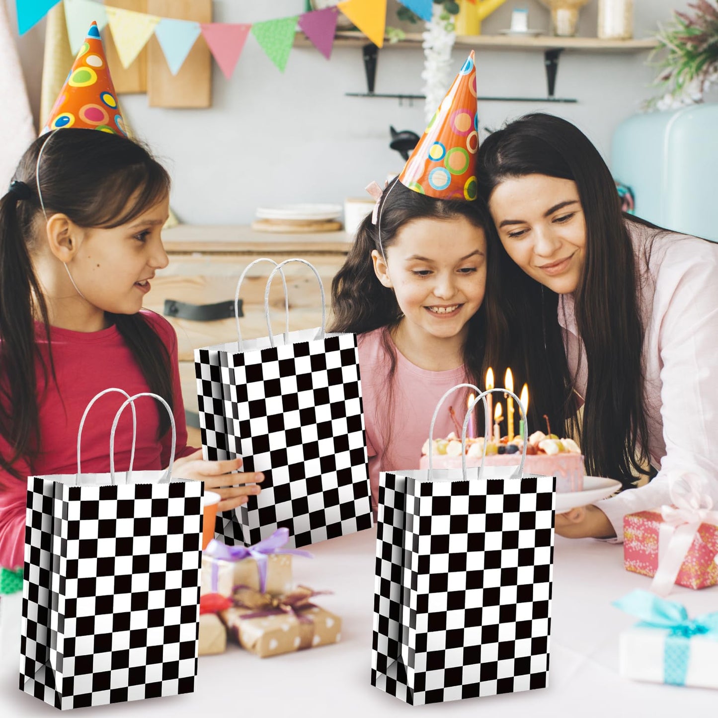 YQWIN 24Pcs Race Car Party Favor Bags Race Car Party Decorations Racing Gift Bags Black and White Checkered Goodie Treat Bag Wrapping Paper Bag for Checkered Racing Birthday Party Decorations