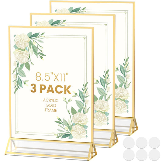 YOAEAILY Acrylic Sign Holder 8.5X11 Gold Frames Double-Sided Gold Picture Frames Flyer Holder for Menu Holder Wedding Table Number Holder Photo Frames with Double Sided Stickers-3 Pack