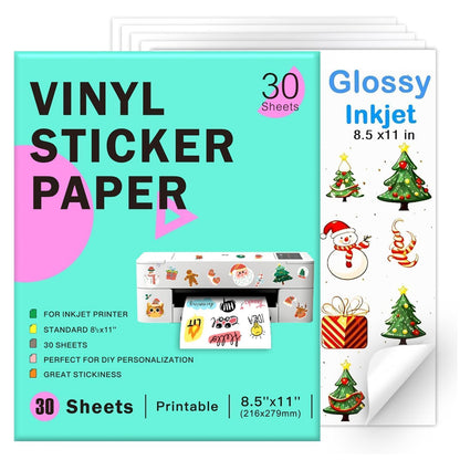 Printable Vinyl Sticker Paper for Inkjet Printer-30 Sheets Glossy White 8.5" x 11" Waterproof Labels Paper, Dries Quickly, Vivid Colors, Tear Resistant, DIY Christmas Stickers