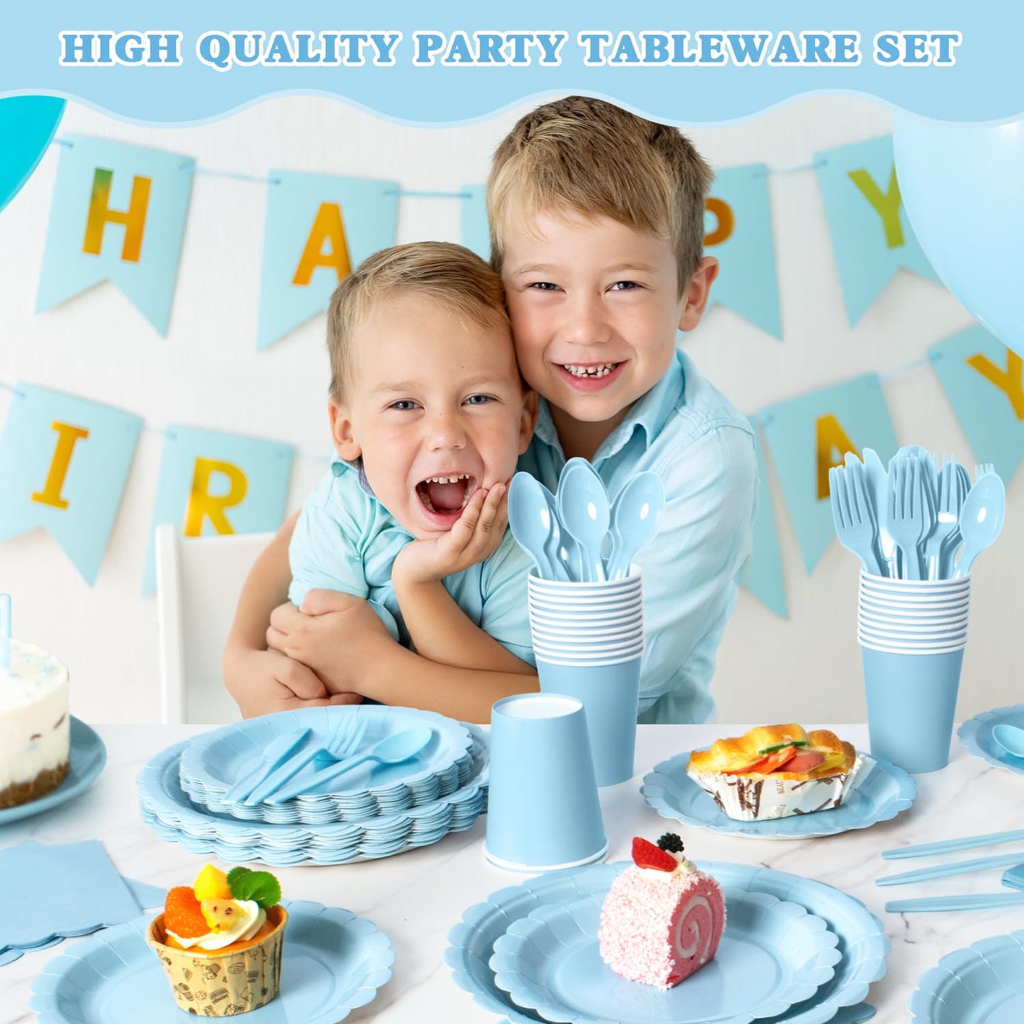 Vyntra 175 PCS Disposable Paper Plates & Napkins Set, Light Blue Party Dinnerware – Baby Shower, Birthday, Gender Reveal