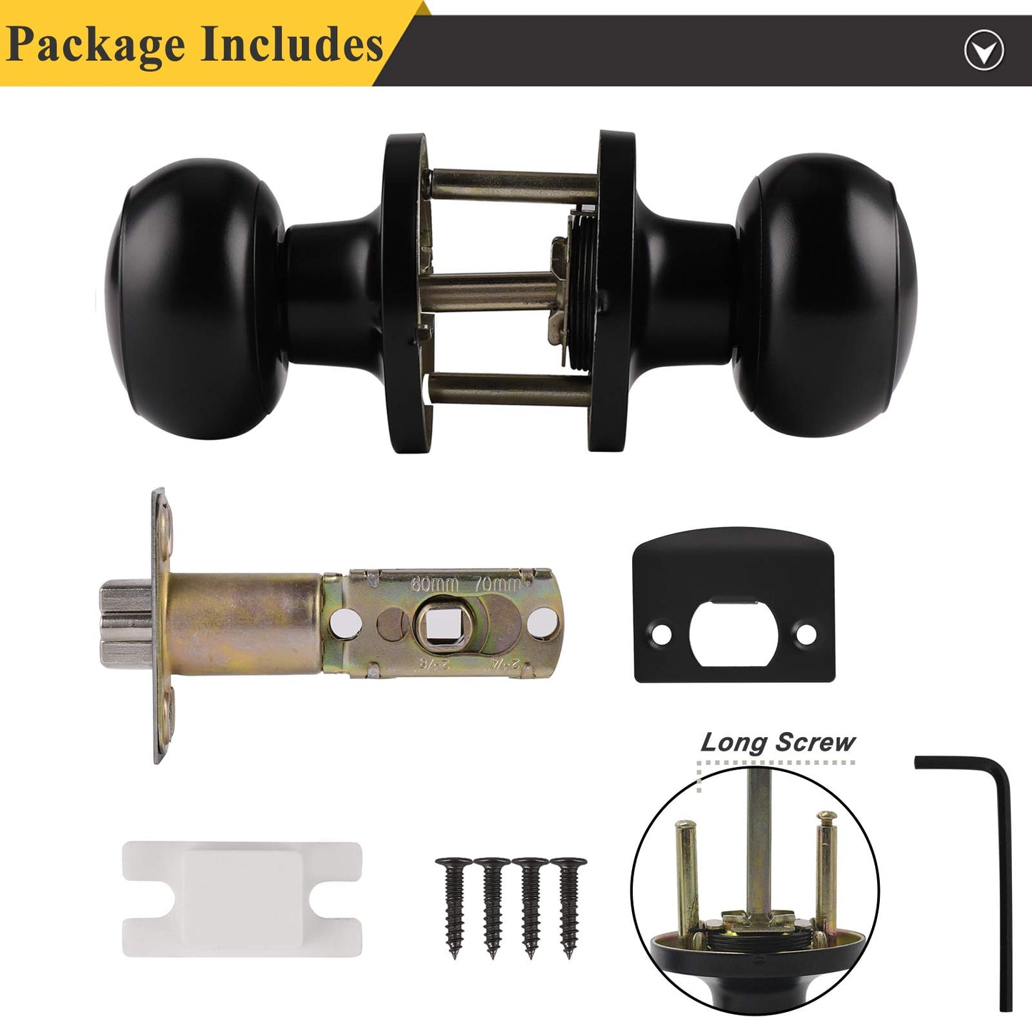 Probrico Black Door Knobs Interior 1 Pack, Interior Passage Keyless Door Knob Set Flat Ball Knob for Hallway or Closet, Matte Black Finish Knob, 1 Pack