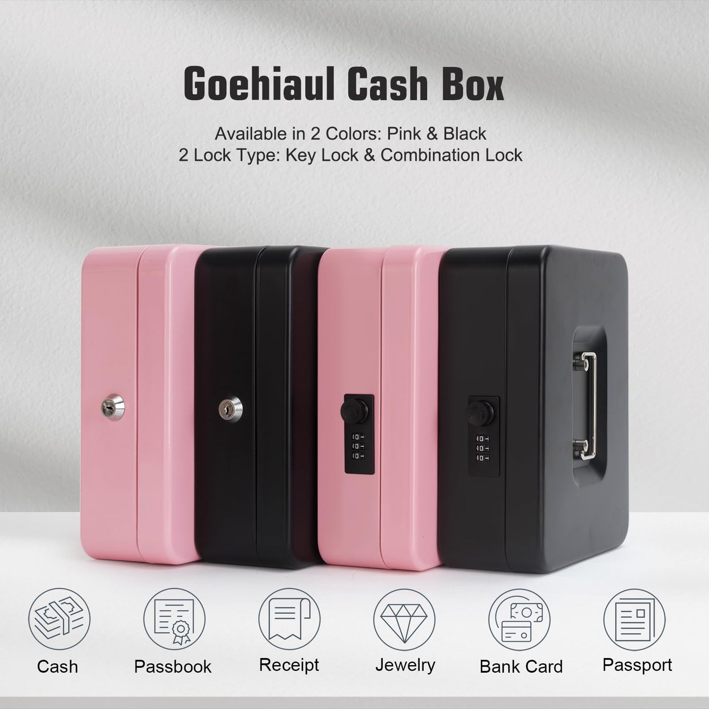 Cash Box with Money Tray and Combination Lock, Metal Money Box for Cash Petty Cash Lock Box for Money Safe 9.84" x 7.87" x 3.54" Black