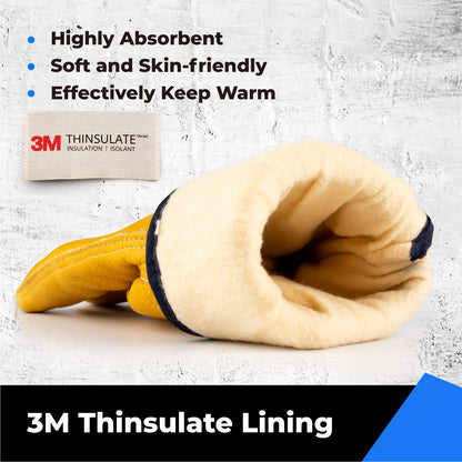 Winter Leather Work Gloves, Warm Thinsulate Lining for Cold Weather Work, 100% Full Grain Cowhide with Abrasion and Puncture Resistance, Size X-Large