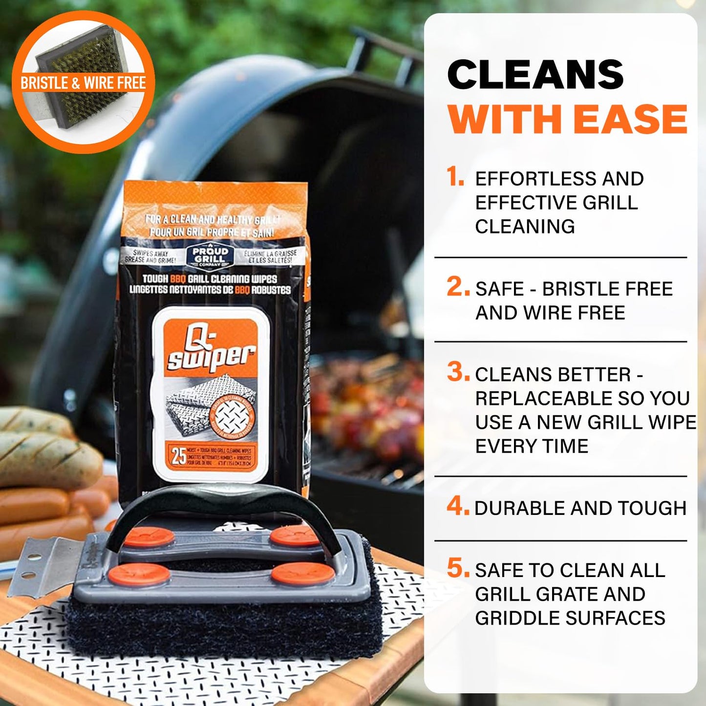 Q-Swiper BBQ Grill Cleaner Set - 1 BBQ Brush with Scraper and 25 BBQ Grill Cleaning Wipes. Bristle Free & Wire Free. Safe Way to Remove Grease and Grime for A Clean and Healthy Grill!