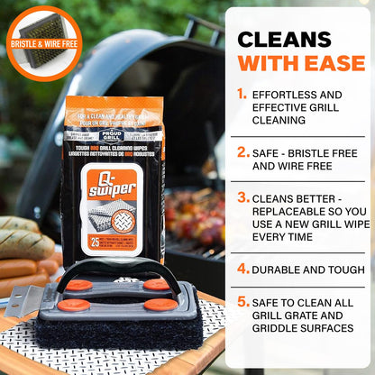 Q-Swiper BBQ Grill Cleaner Set - 1 BBQ Brush with Scraper and 25 BBQ Grill Cleaning Wipes. Bristle Free & Wire Free. Safe Way to Remove Grease and Grime for A Clean and Healthy Grill!