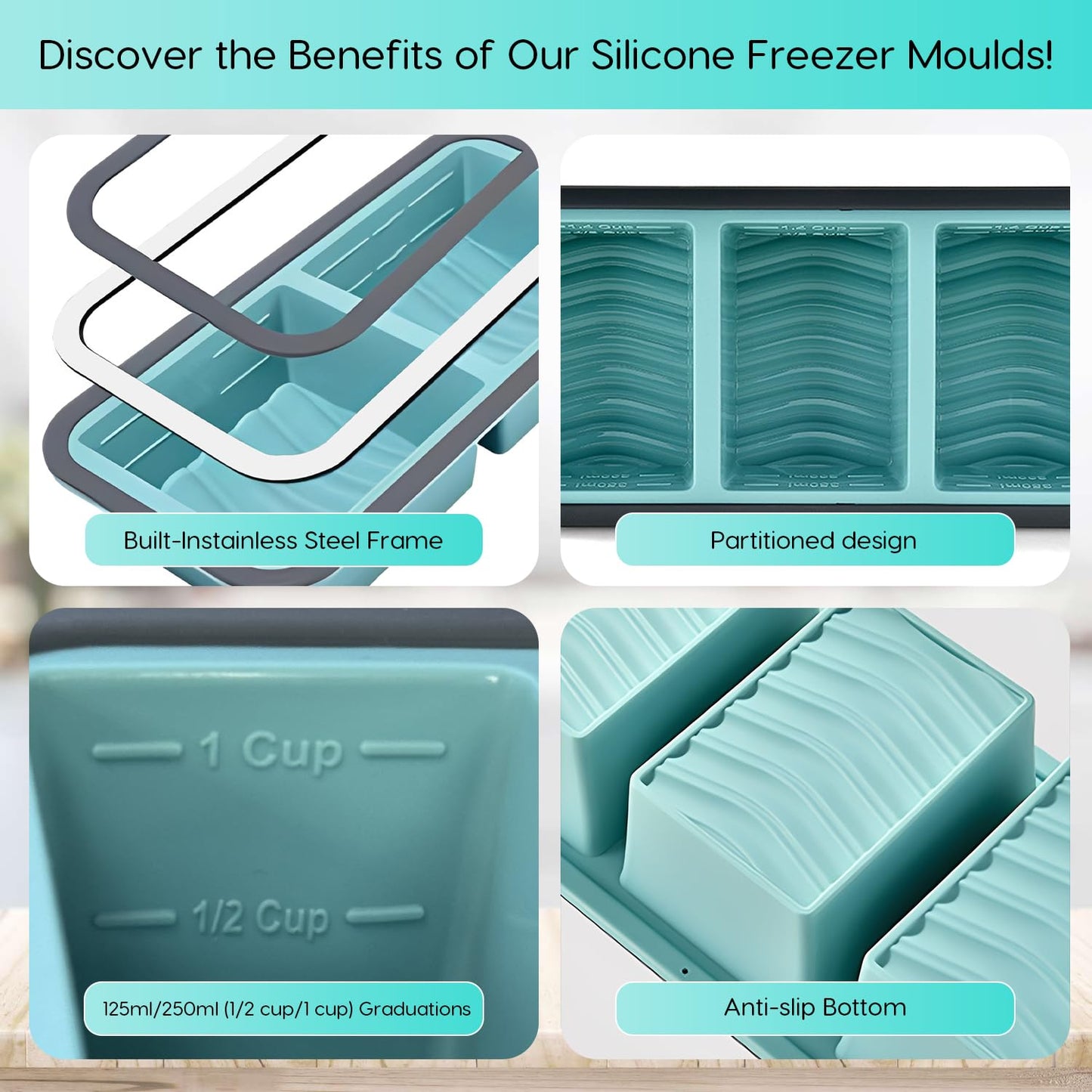 2 Pack Silicone Soup Freezer Containers with Lids, Soup Freezer Mold, Ice Trays for Freezer, Ice Cube Tray for Storing 250mL/125mL Broth, Soup, Leftovers, Sauce, Makes 8 1-Cup Portions Cubes