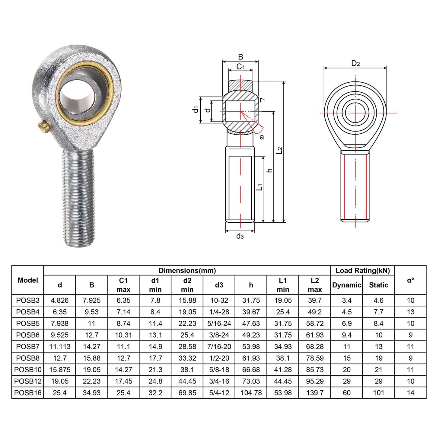 uxcell POSB8 1/2 Inch Male Rod End Bearing Set - 2pcs of 1/2-20 Left and Right Hand Thread Rod Ends with Jam Nut