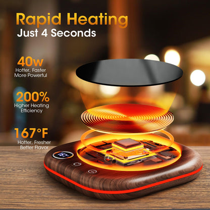 Coffee Mug Warmer Smart Cup Warmer for Desk, Upgrade Coffee Warmer with LED Light, 3 Temperature Control and Auto Shut Off Electric Beverage Warmer for Heating Coffee Milk Tea and Hot Chocolate（Wood）