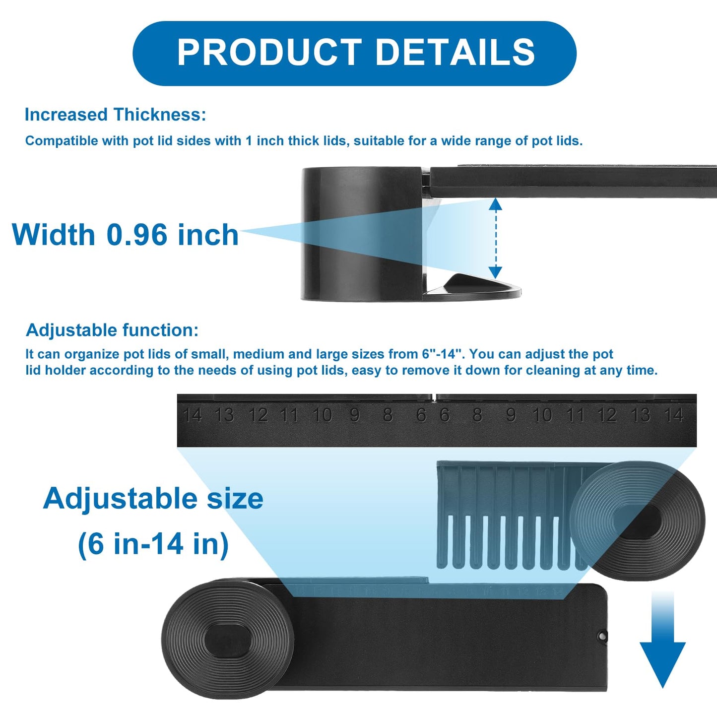 YONGAIJIA New Upgrade 4 Pack Adjustable Pot Lid Holder, Lid Organizer Fits 6" to 14" Lids, with Screw Hole Position and Sticky Wall Mounted Lid Storage Kitchen Cabinets, Cabinet Doors (Black)