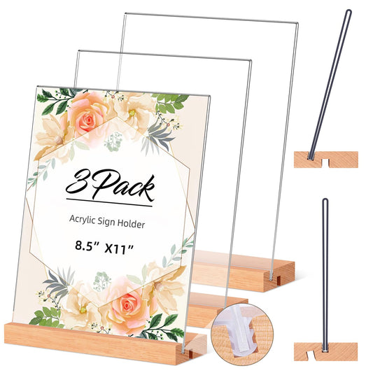 Acrylic Sign Holder 8.5x11, Clear Table Display Stand With Wooden Base, L Shape Slant Back Design Acrylic Frame Plastic Paper Menu Holder Detachable Base Flyer Holder for Office Store Home-3Pack