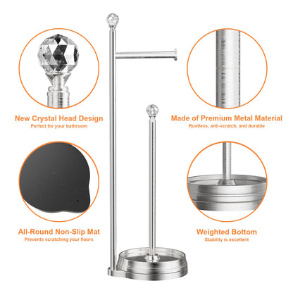 Kasunto Toilet Paper Holder for Bathroom, Heavy Weighted Metal Free Standing Toilet Paper Holder Stand with Crystal Ball, Toilet Paper Roll Stand for Bathroom Accessories