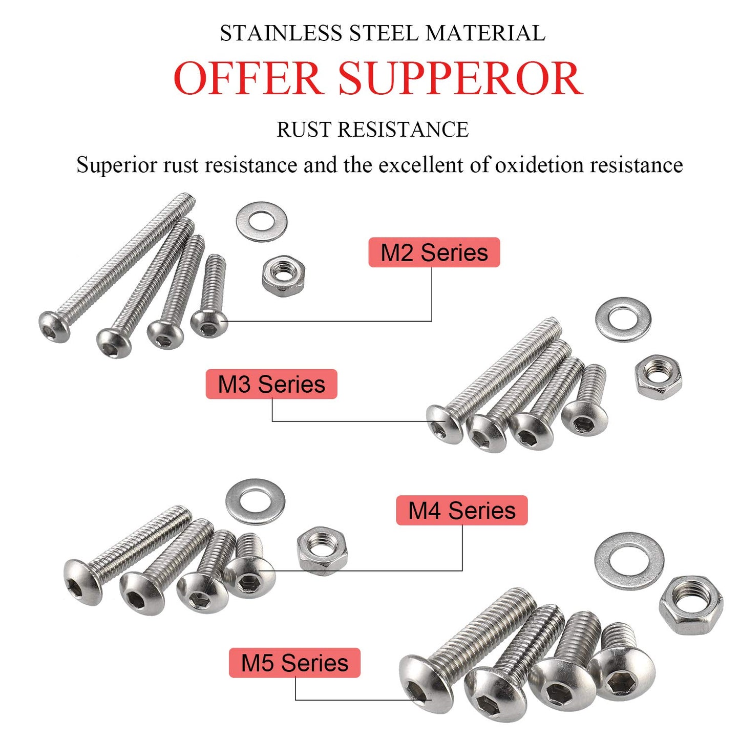 HanTof 1250Pcs 304 Stainless Steel M2 M3 M4 M5 Hex Button Head Cap Screws,Hex Socket Machine Screws, Hex Socket Bolts,Nuts and Washers Assortment Set Kit with 4 Hex Wrenches