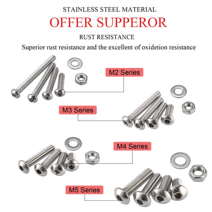 HanTof 1250Pcs 304 Stainless Steel M2 M3 M4 M5 Hex Button Head Cap Screws,Hex Socket Machine Screws, Hex Socket Bolts,Nuts and Washers Assortment Set Kit with 4 Hex Wrenches