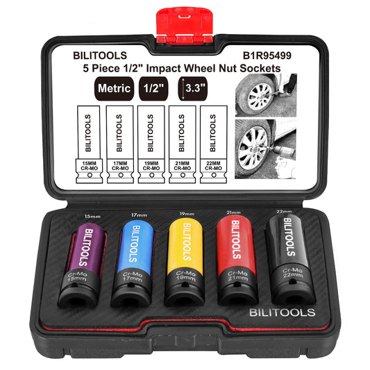 BILITOOLS 1/2 inch Drive Impact Lug Nut Socket Set, 15 17 19 21 22 MM Non-Marring Thin Wall Wheel Protector Nut Socket