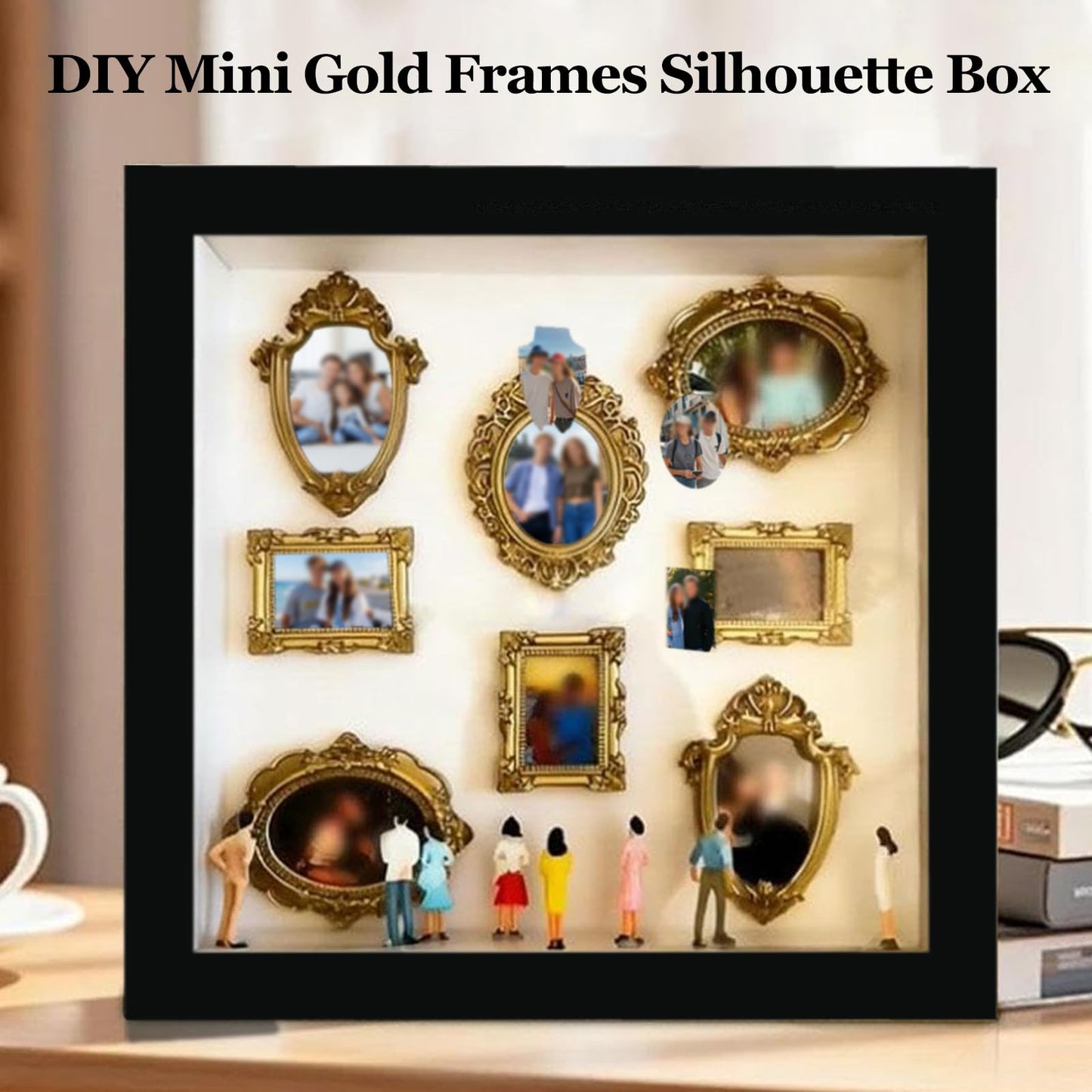 DIY Mini Museum Silhouette Box, Museum of Us Box Celebrate Your Unique Memories in Style, Personalized Photo Shadow Boxes Display with 8pcs Mini Museum Figurines & 8pcs Gold Mini Frames