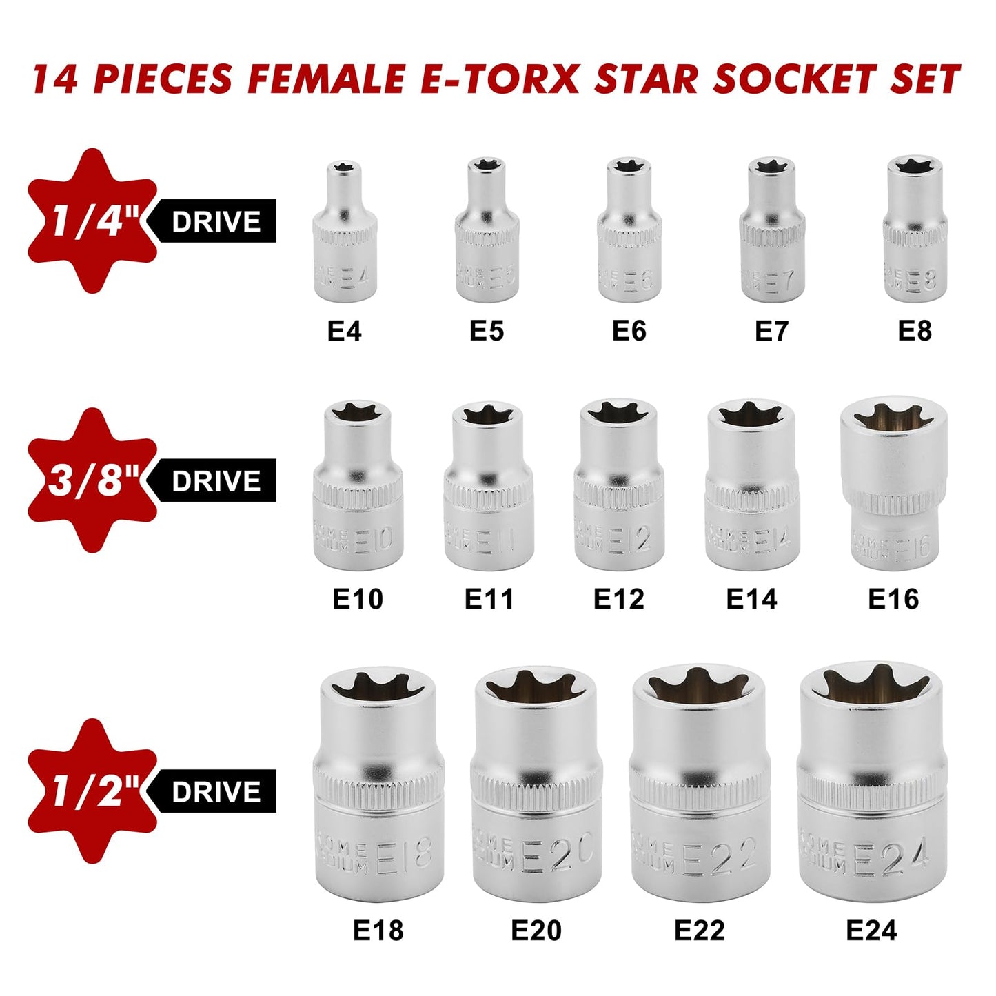 CASOMAN 14 Pieces Female E-TORX Star Socket Set, Female External Star Socket Set, E4 - E24 Torque Socket Set, 1/4" Dr. 3/8" Dr. 1/2" Dr.