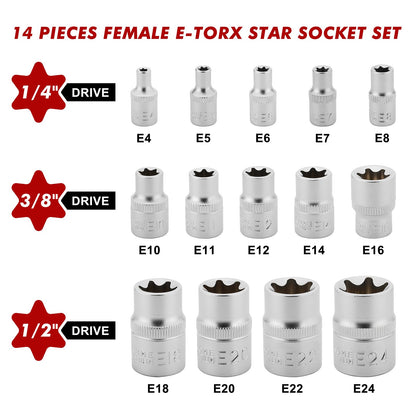CASOMAN 14 Pieces Female E-TORX Star Socket Set, Female External Star Socket Set, E4 - E24 Torque Socket Set, 1/4" Dr. 3/8" Dr. 1/2" Dr.