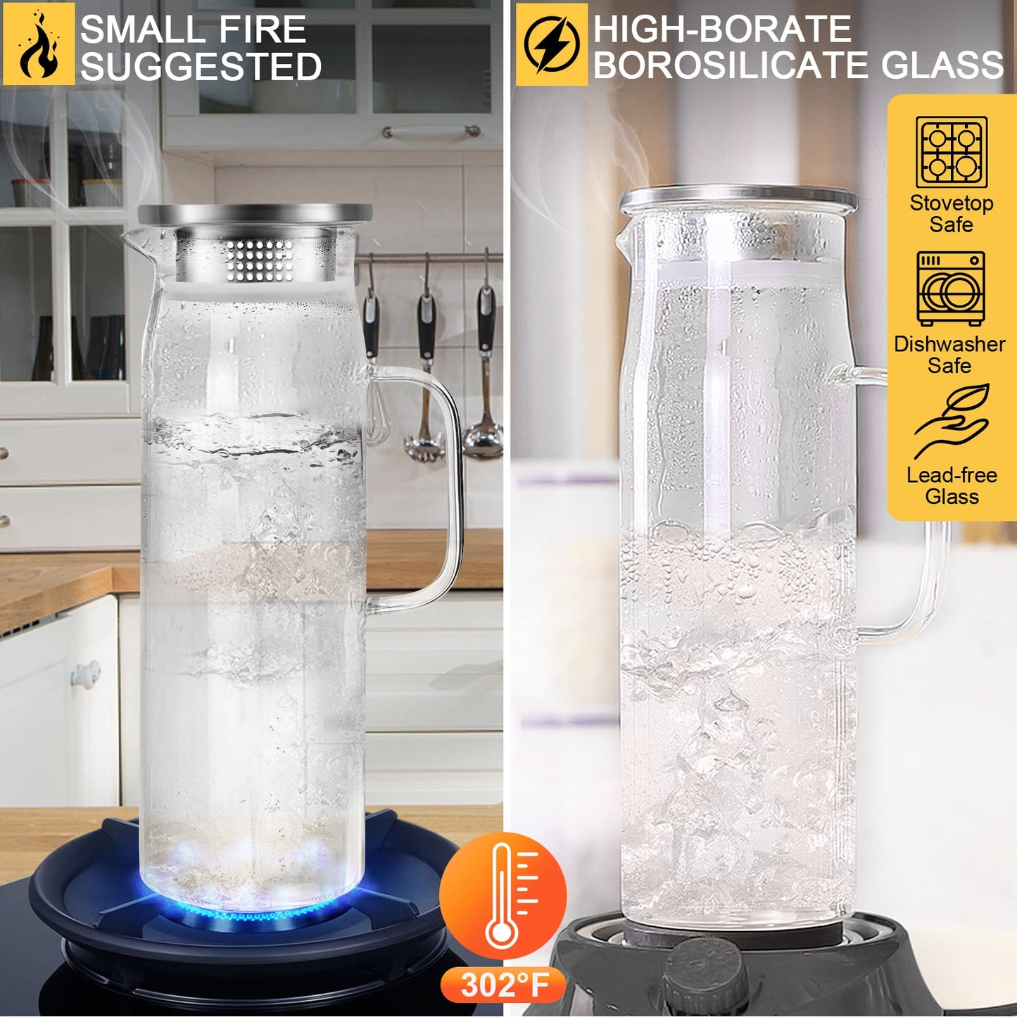 Yirilan Glass Pitcher,1.5 L Water Pitcher with Lid,Juice Pitcher,Glass Water Jug,Water Carafe,Juice Jug