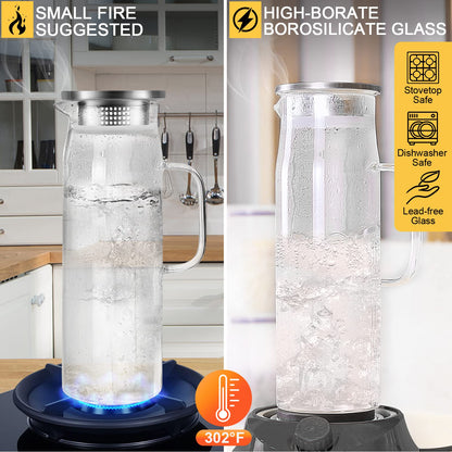 Yirilan Glass Pitcher,1.5 L Water Pitcher with Lid,Juice Pitcher,Glass Water Jug,Water Carafe,Juice Jug