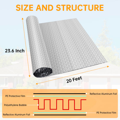 Reflective Foil Insulation, Double Reflective Bubble Insulation Sheet, Aluminum Foil Bubble Shield, Radiant Barrier Roll for RV Windows Weatherproofing (23.6''x 20Ft)