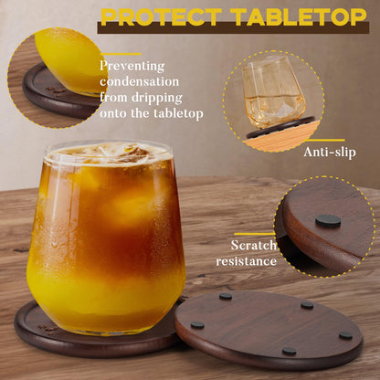 Wood Coasters with Leather Holder, GOH DODD Set of 8 Wooden Coaster Tabletop Protection Living Room Decor for Drinks Coffee Table Home Kitchen Office Bar Housewarming Gifts Wedding Party, 4 Inch