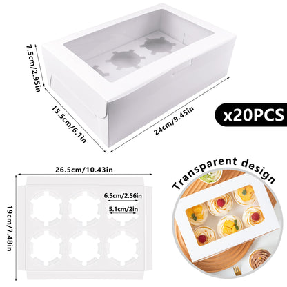20 PCS White Paper Cupcake Boxes with 6 Cavity Cookie Gift Boxes with Clear Window 6 Treat Holder Cupcake Containers Bakery Cake Box for Birthday Party Bakery Supplies