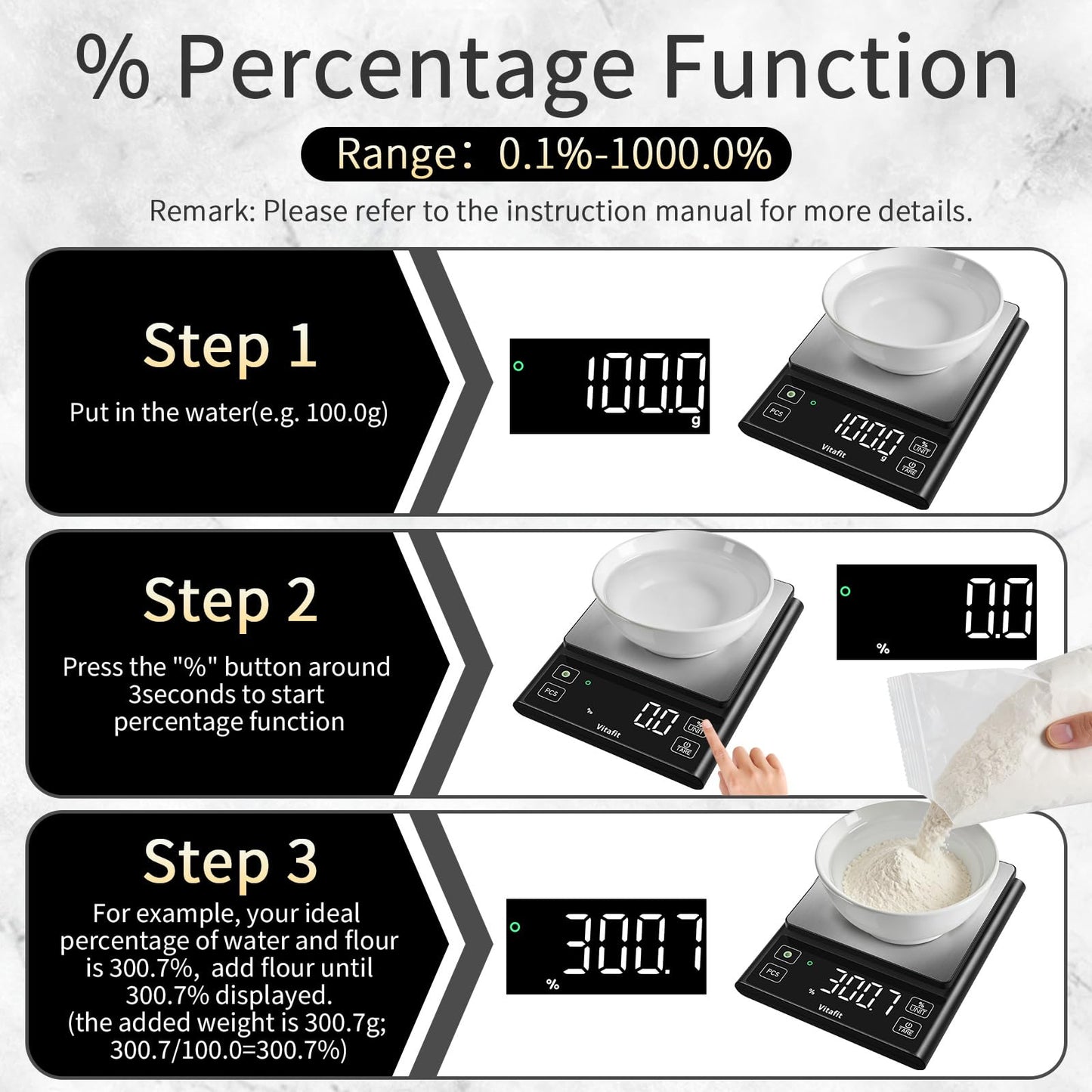 Vitafit 11lb Food Scale, High Accuracy 0.0001lb by Our Professional Factory Since 2001, Digital Kitchen Scale with% Percentage Function Cooking,Baking&Coffee, Stainless Steel, Big LED, Black