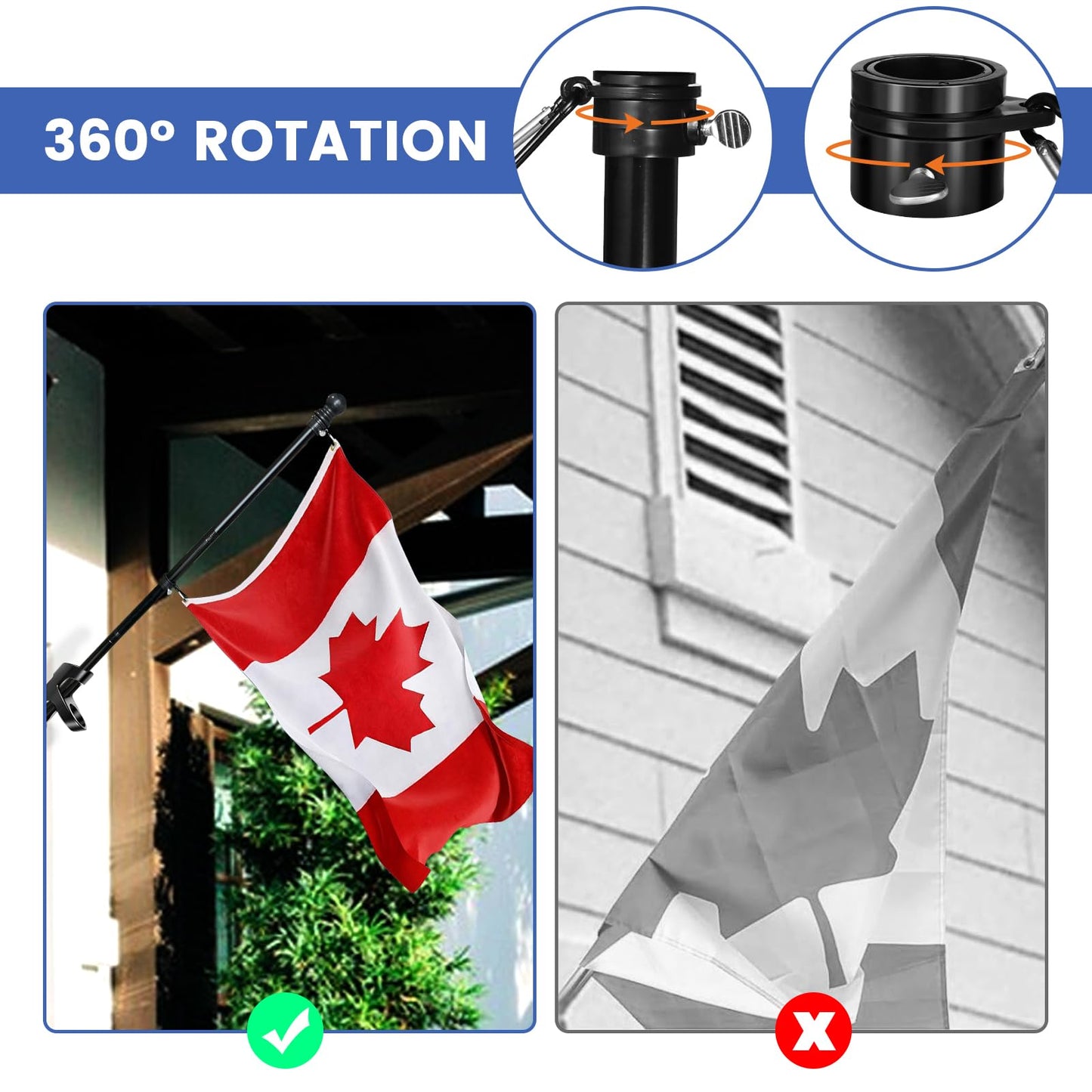 6.5FT Flag Pole for Canada Flag, Flag Poles Outdoor with Bracket, Tangle Free Stainless Steel Flag Pole Kit, Wall Mount and Adjustable Flagpole for Porch, Garden, Patio, Residential or Commercial