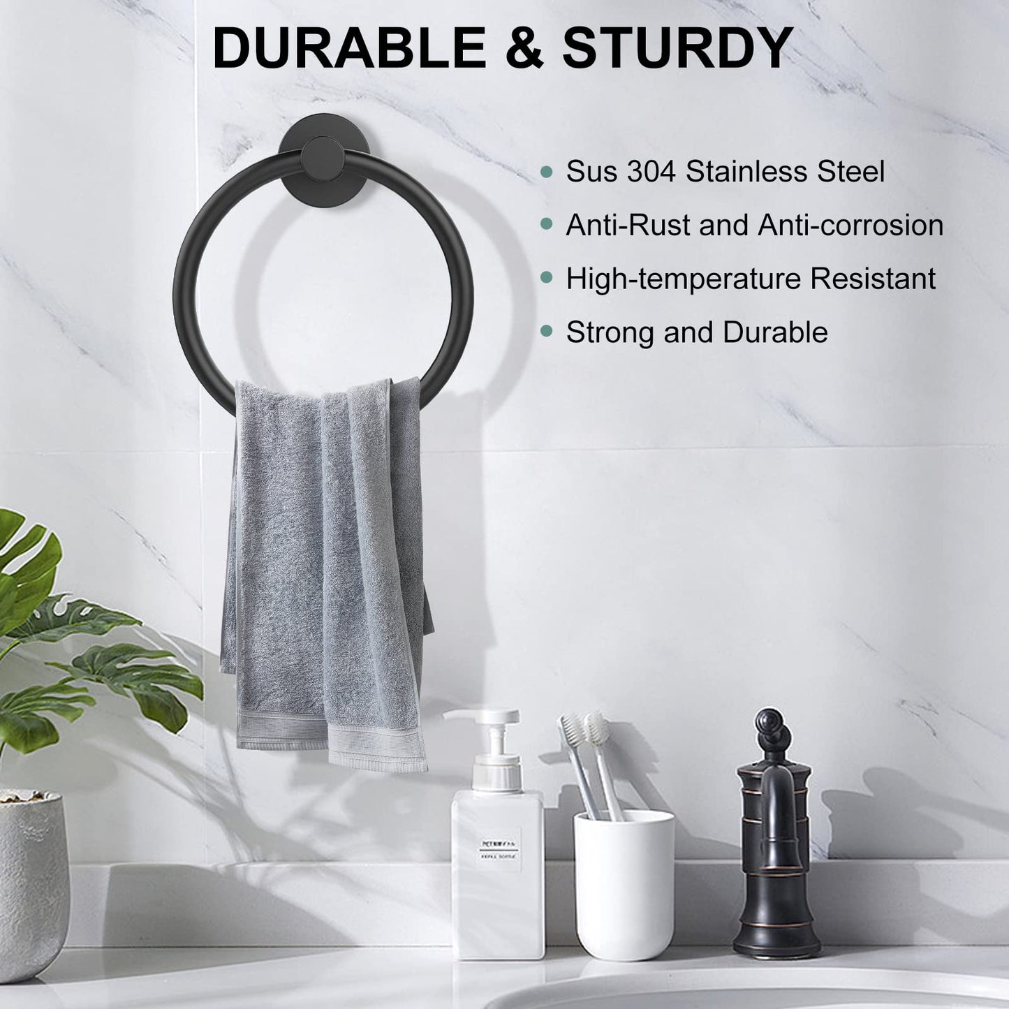 SetSail Towel Holder for Bathroom Wall Matte Black Ring Stainless Steel Heavy Duty Hand Towel Hanger for Kitchen, 2 Pack
