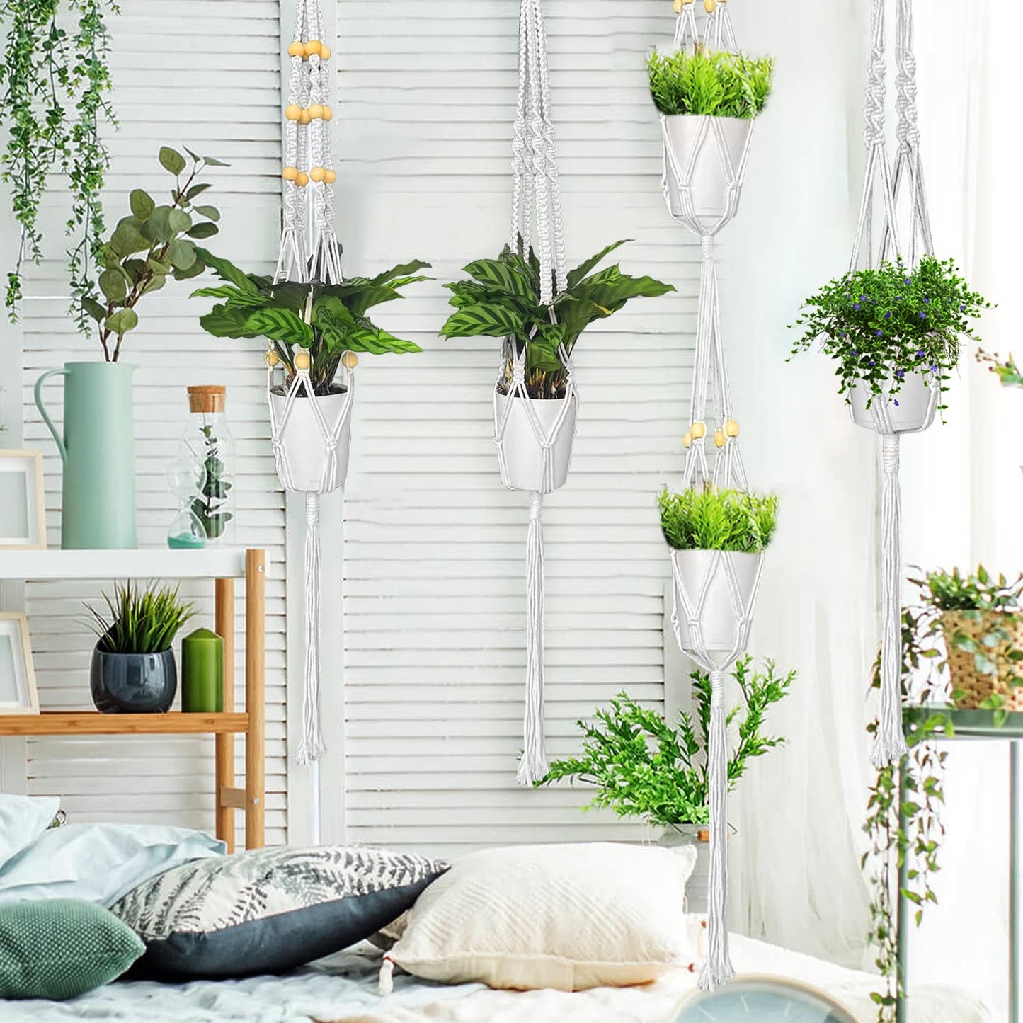 5 Pack Macrame Plant Hangers, Handmade Hanging Planter with Beaded & Tassel for Indoor Outdoor Plant Pots, Durable Cotton Rope Plant Hanger for Home, Garden, Balcony Decor