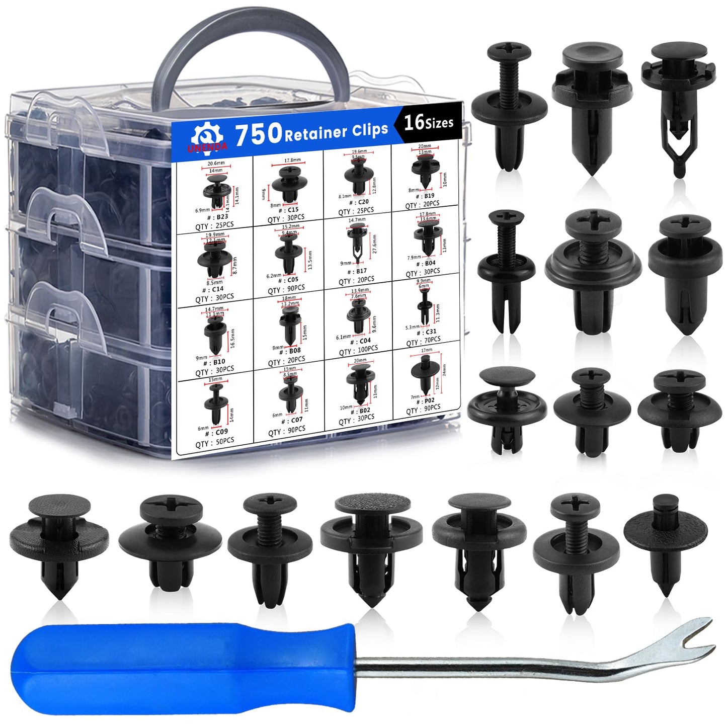 Car Push Retainer Clips 750PCS with 16Most Popular Push Pins for Automotive Parts Sizes Auto Screw Clips with Blue Fastener Remover Tool for Toyota GM Ford Honda Acura Chrysler