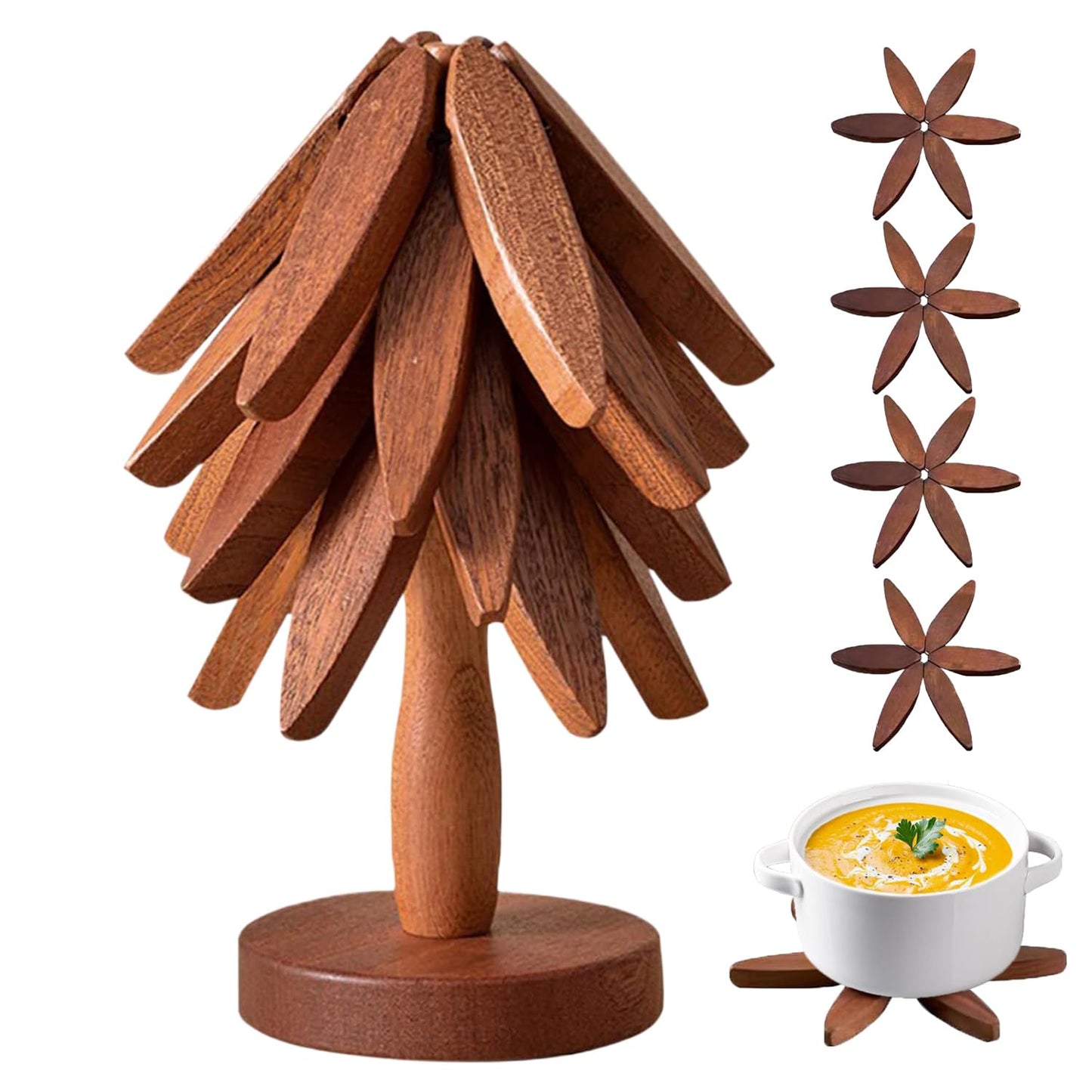 ROXANEPIG Wooden Trivets for Hot Dishes, 4pcs Tree Trivets +1 Stand, Wooden placemat Coaster, Tree Design hot Pot mat, Heat Resistant Folding mat for teapot, pan, Bowl (Black Walnut)