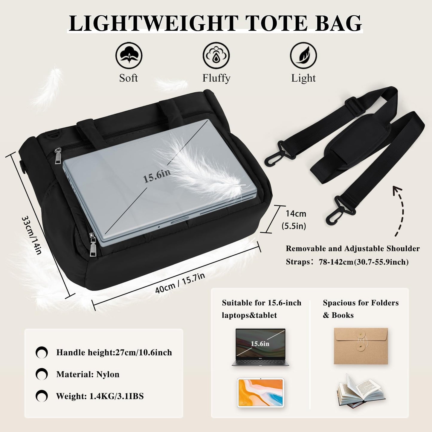RAINSMORE Teacher Puffer Tote Bag for Women 15.6 inch Laptop Bag Waterproof Nurse Bag with Insulated Pocket for Work College