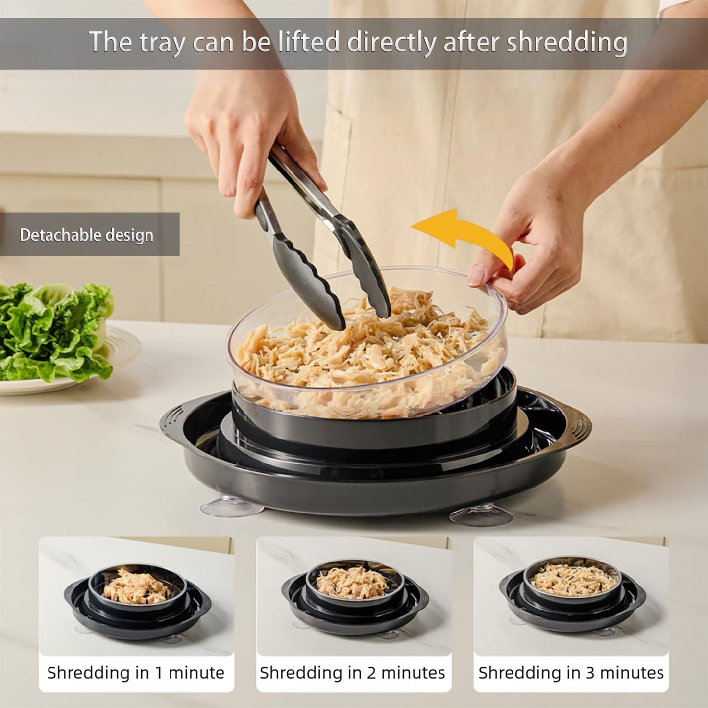 Chicken Shredder 12'' Large Chicken Breast Tool Twist Equipped with 4 Anti Slip Suction Cups and Brush&Food Tongs Visible Meat Masher Machine,Ergonomic Handle,Suitable for Meat & Vegetables (Black)