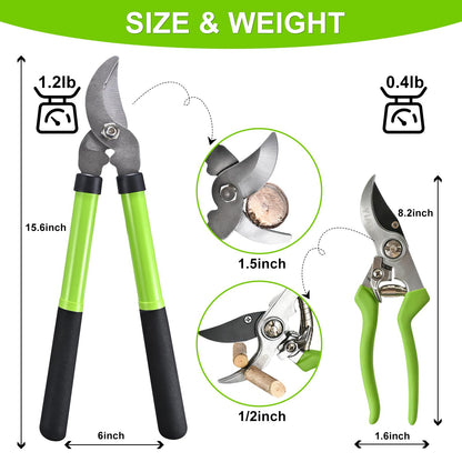YIAD Garden Shears Set - 2PCS Pruning Shears & Secateur, Bypass Loppers for Tree Branch Pruning, Heavy Duty Garden Clippers for Flowers, Plants & Yard Trimming