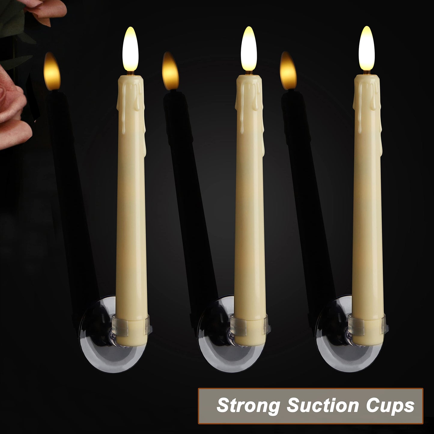 yunsheng Battery Operated LED Window Candles with Remote Timer, 8 Inches Ivory Flameless Taper Flickering Candles, Removable Black Candlesticks and Suction Cups, Holiday, Home Decor, 4 Pack