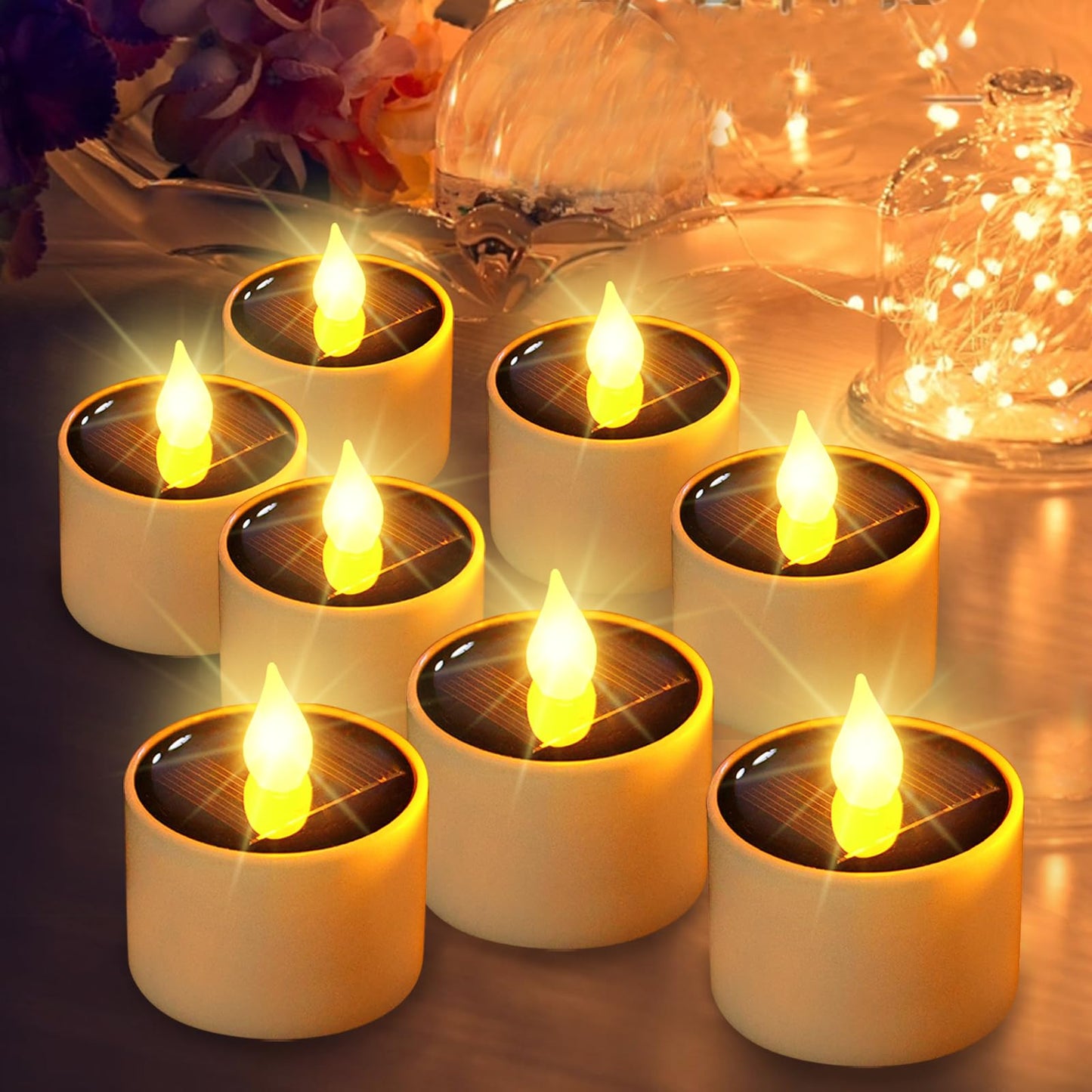 Solar Candle Lights Outdoor Waterproof - 8 Pack Rechargeable Flickering Tea Lights Solar Powered Reusable LED Candles Flameless Lamp Nightlights for Lanterns Garden Camping Home Decor, 2.3''x2.1''