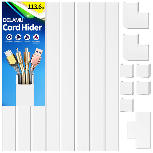 Delamu 113.6in Cord Hider, Cable Hider Cord Covers for Wires on Wall, Wire Hider Wire Covers for Cords on Wall, TV Cord Hider for Wall Mounted TV for 3-4 Wires, 8X L15.7 W1.18 H0.6in, White